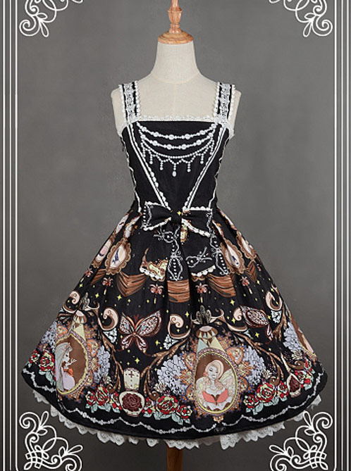 Black Bead Chain Printed Lace Hemline Lolita Dress