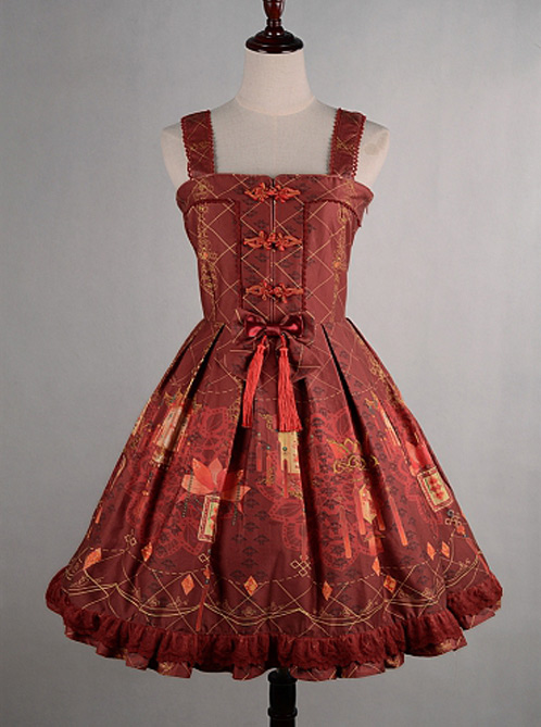 Wine Red  Shirring Lace Up  Chinese Palace Lanterns Lolita Dress