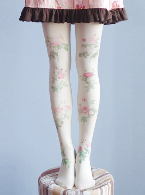 Mori Girl Milky White Rose Printing Pantyhose Student Socks